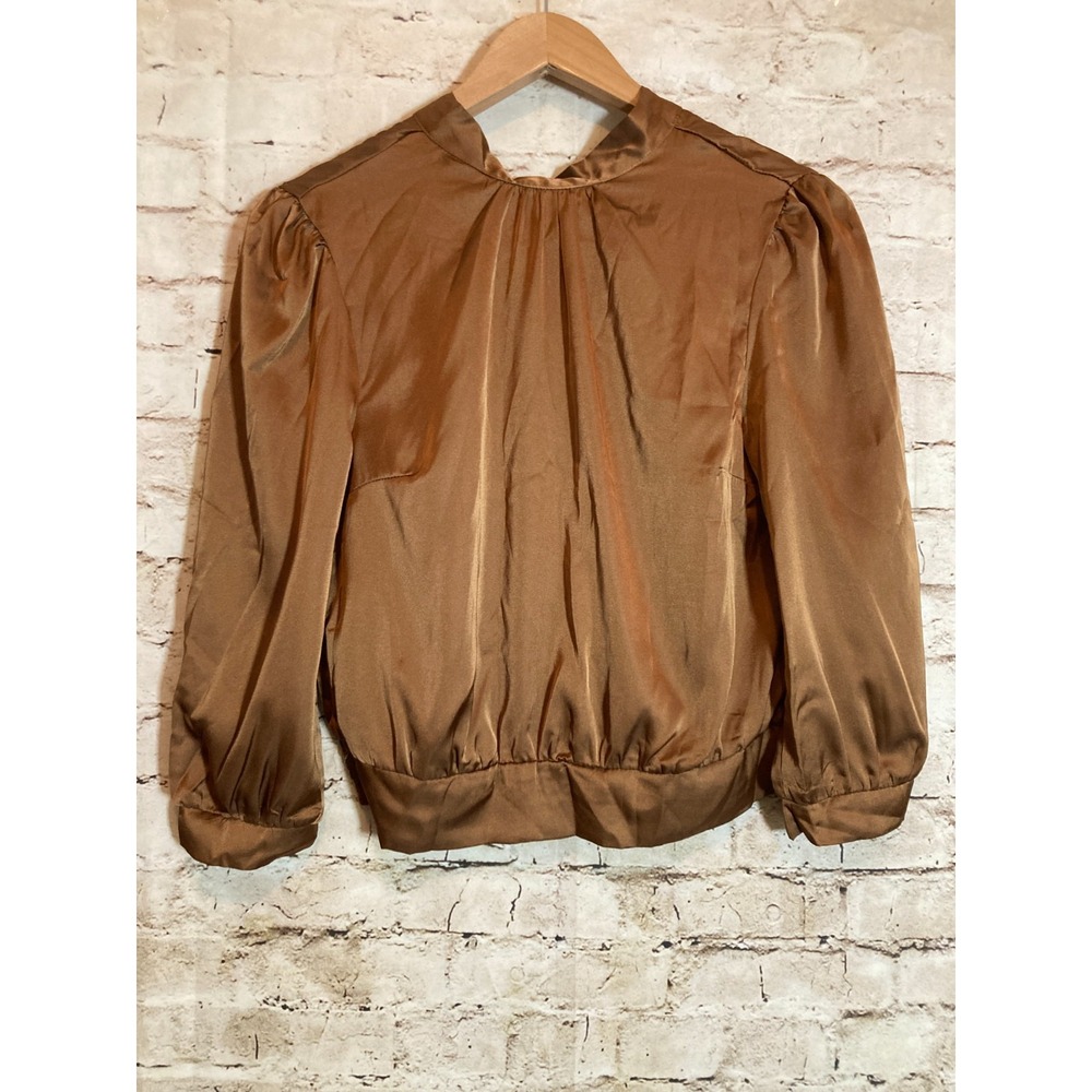 Monteau‎ Top Womens Medium Copper Brown Satin Cropped Tie Back Boho Hippie
